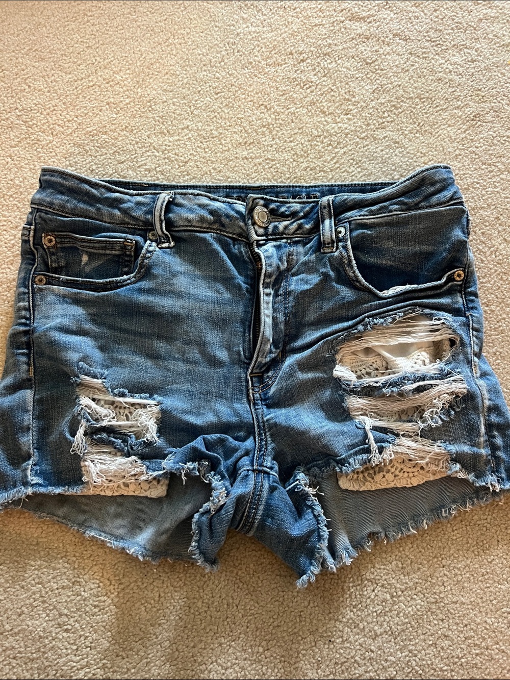 American Eagle Distressed Lace-Panel Denim Shorts in Blue